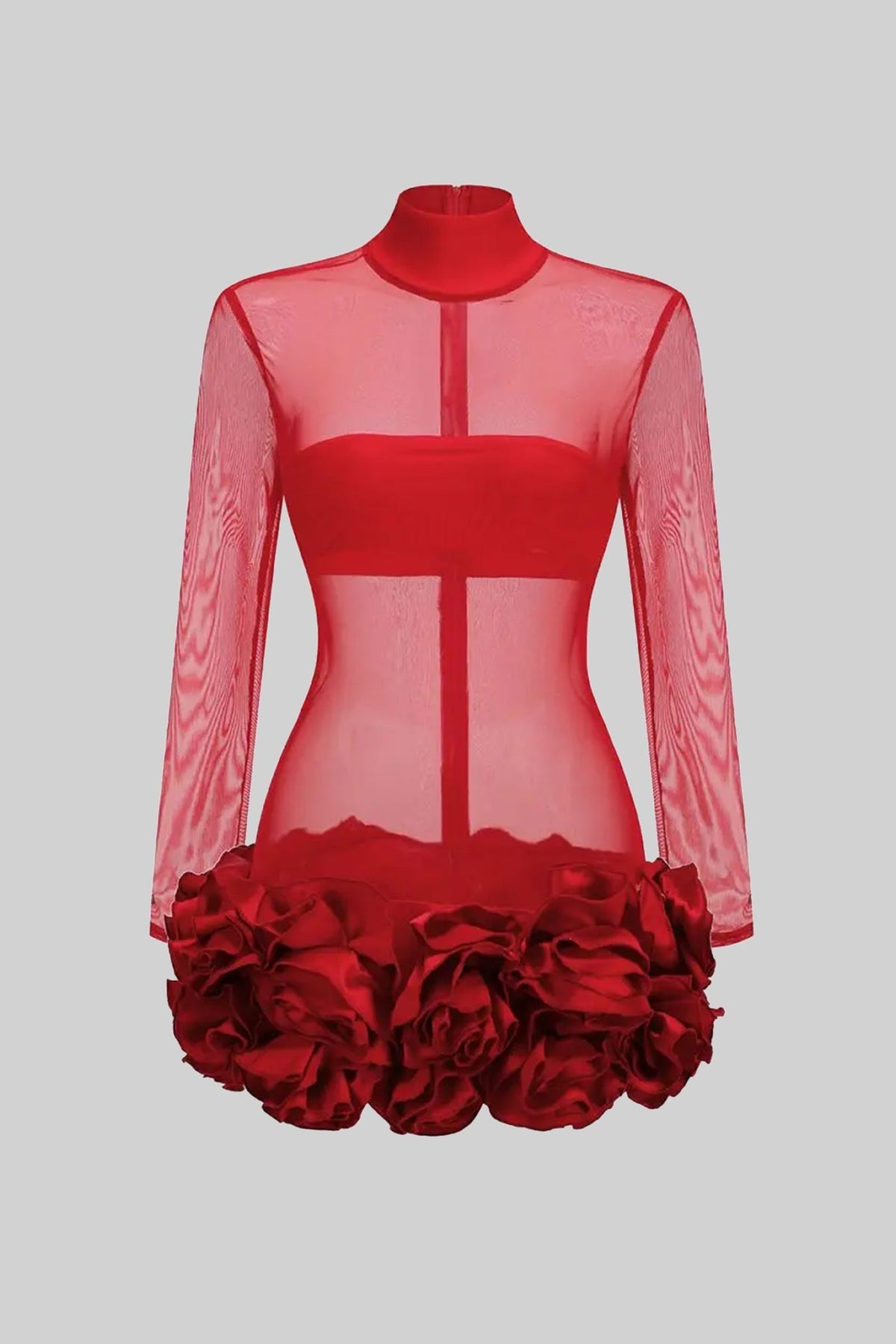 Sheer Floral Mini Dress With 3D Rosettes Hemline – Red - View 2