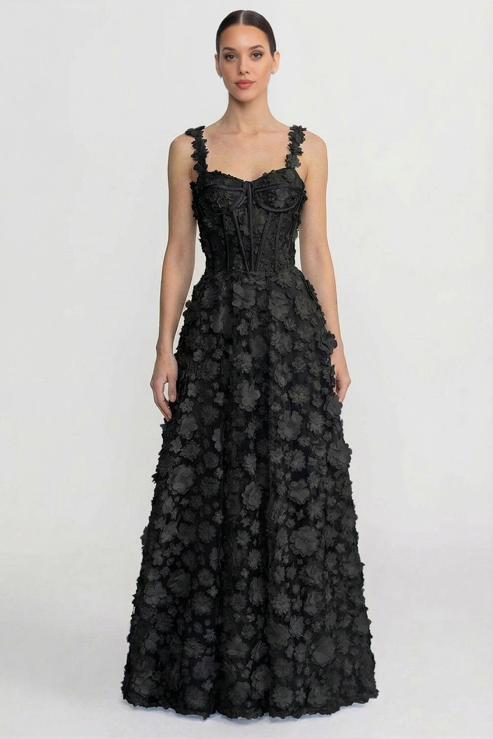 Floral Appliqué Maxi Dress With Corset Bodice - Black - View 3