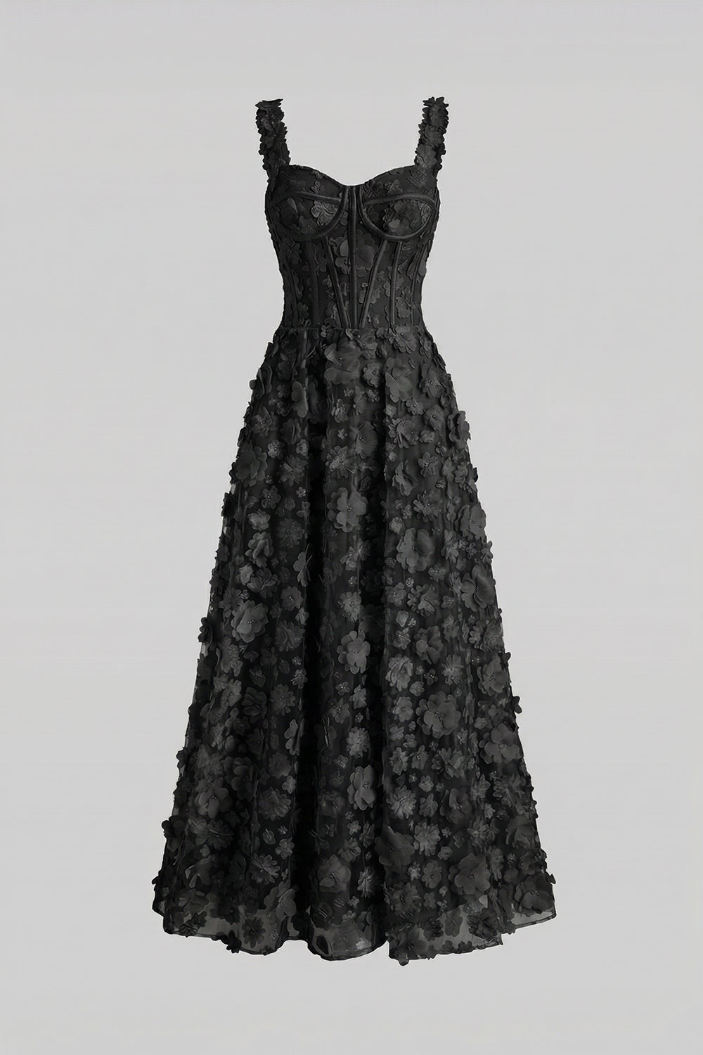 Floral Appliqué Maxi Dress With Corset Bodice - Black - View 5