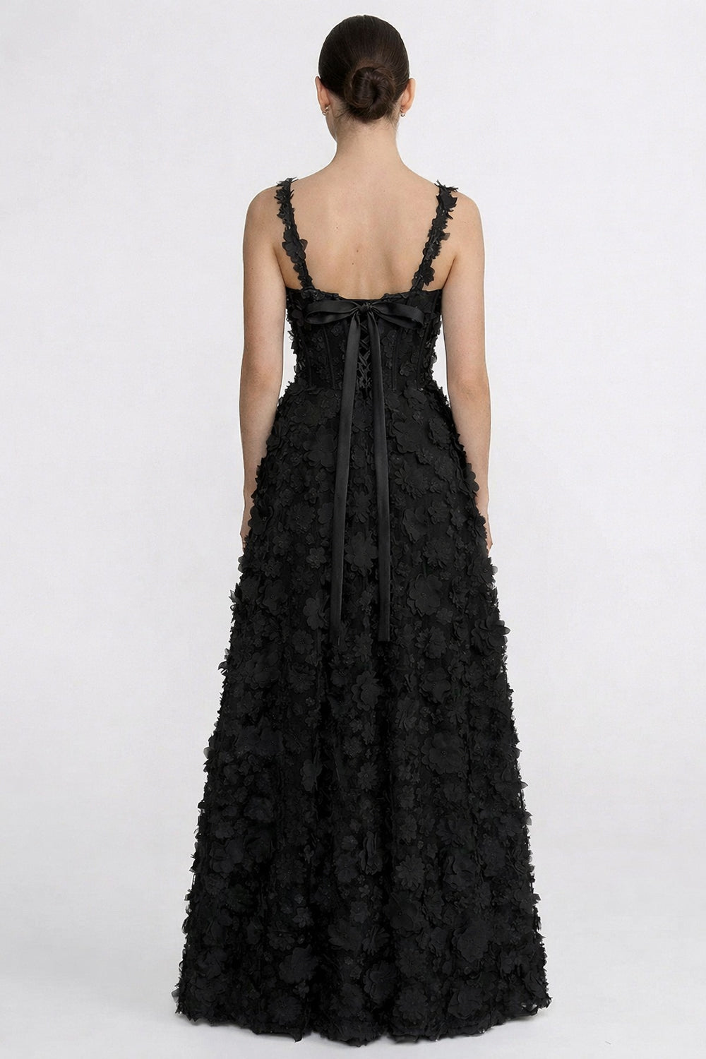 Floral Appliqué Maxi Dress With Corset Bodice - Black - View 7