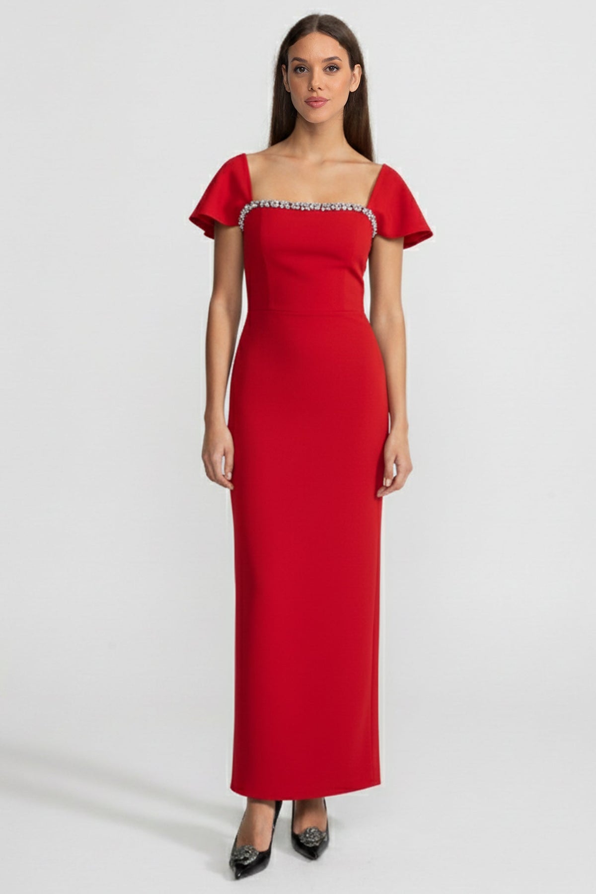 Square Neck Flutter Sleeve Rhinestone Trim Column Maxi Gown