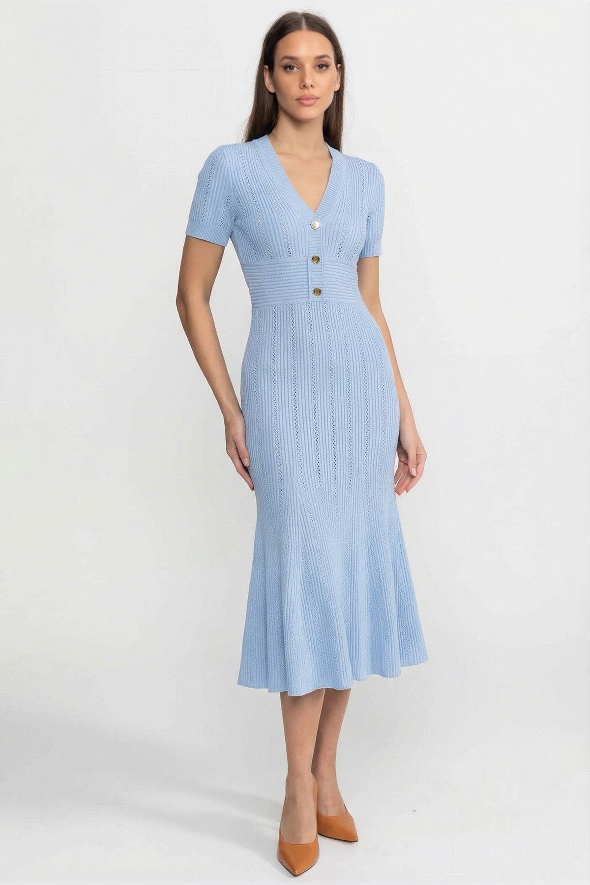 Ribbed Pointelle Deep V-Neck Short Sleeve Button Front Midi Dress