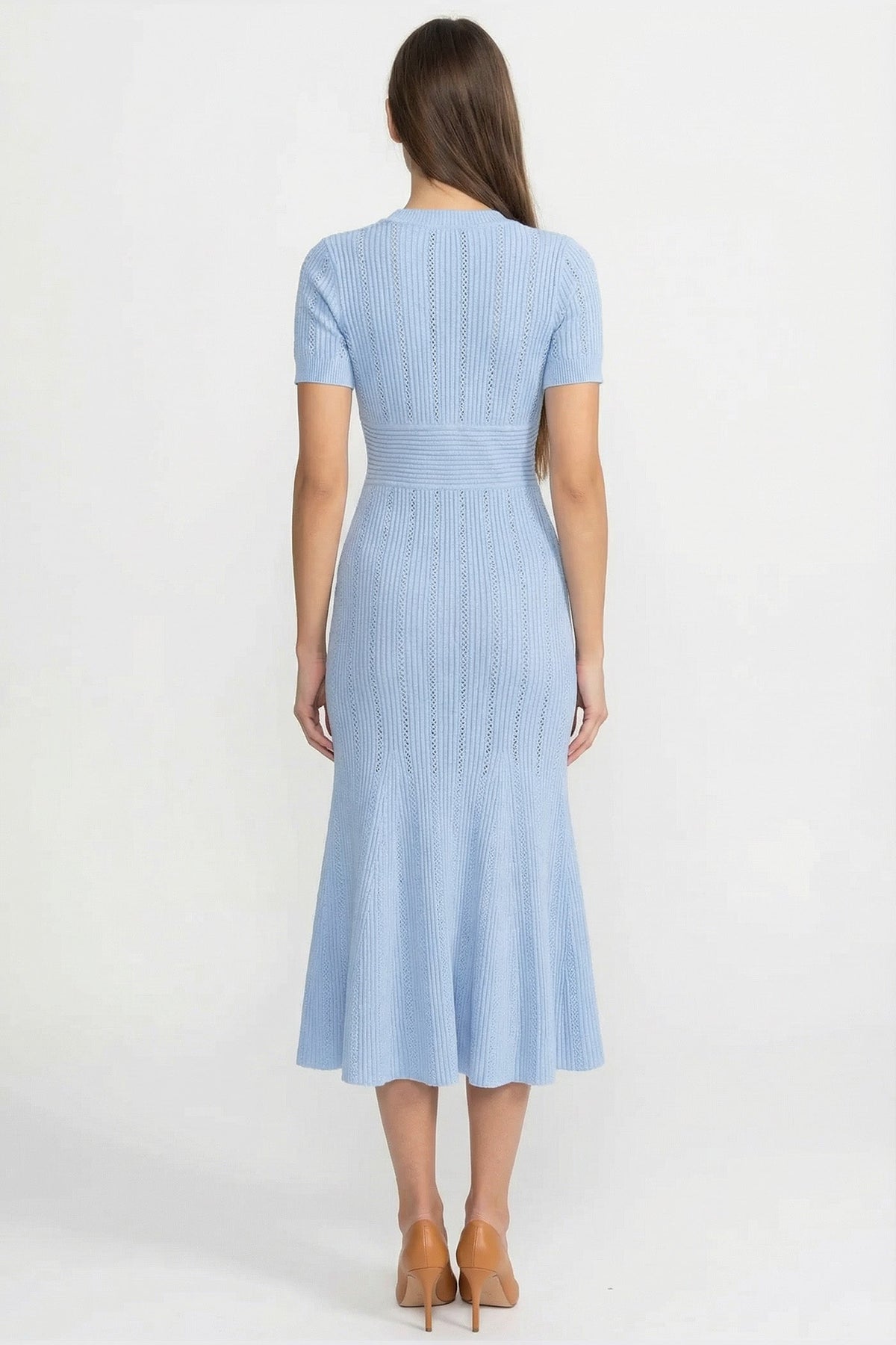 Ribbed Pointelle Deep V-Neck Short Sleeve Button Front Midi Dress - View 6