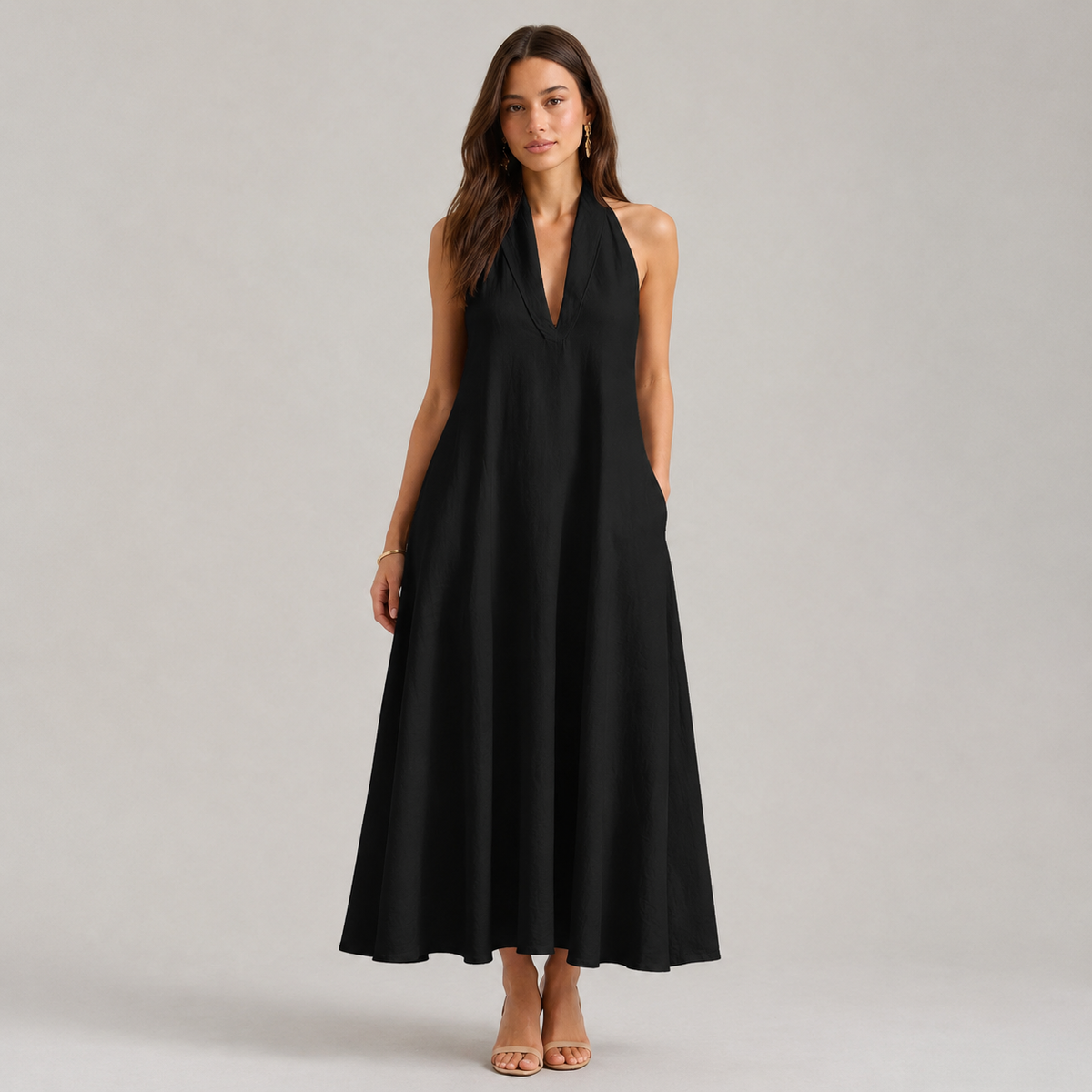 Halter V-Neck Sleeveless A-Line Linen Maxi Dress