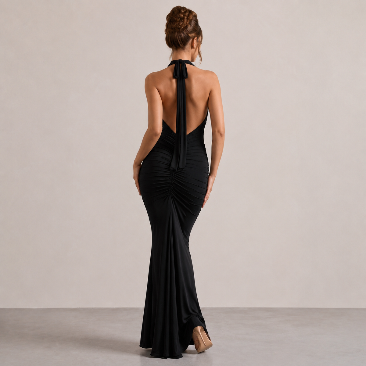 Plunge Halter Neck Ruched Draped Mermaid Maxi Gown 3