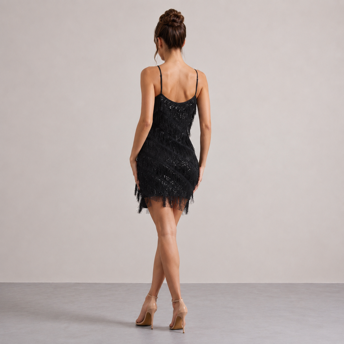 V-Neck Strappy Sequin Tassel Fringe Bodycon Mini Dress 3