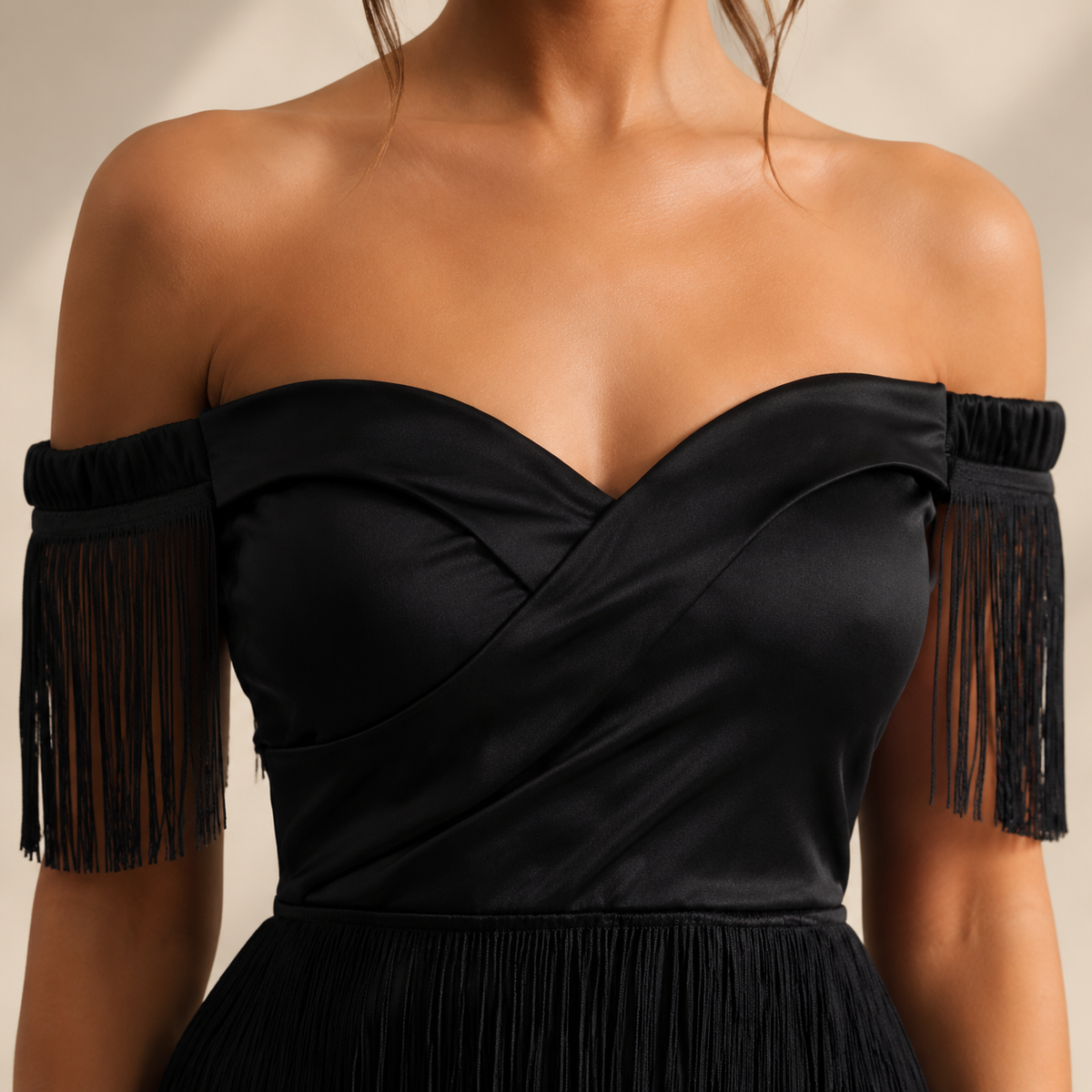 Off Shoulder Sweetheart Tiered Fringe Mini Dress 2