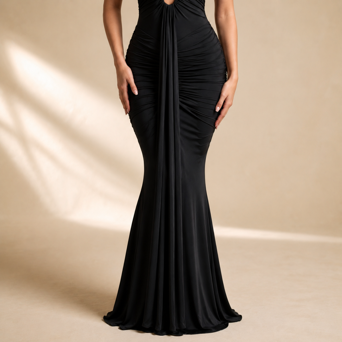 Plunge Halter Neck Ruched Draped Mermaid Maxi Gown 2