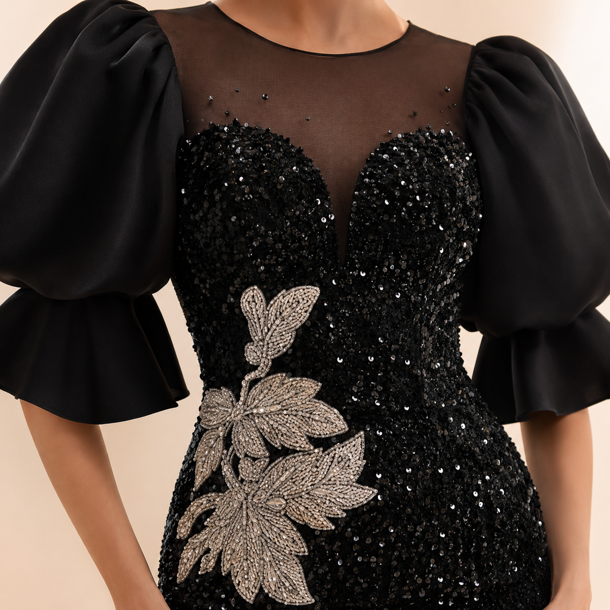 Illusion Neck Puff Sleeve Sequin Mermaid Gown 2