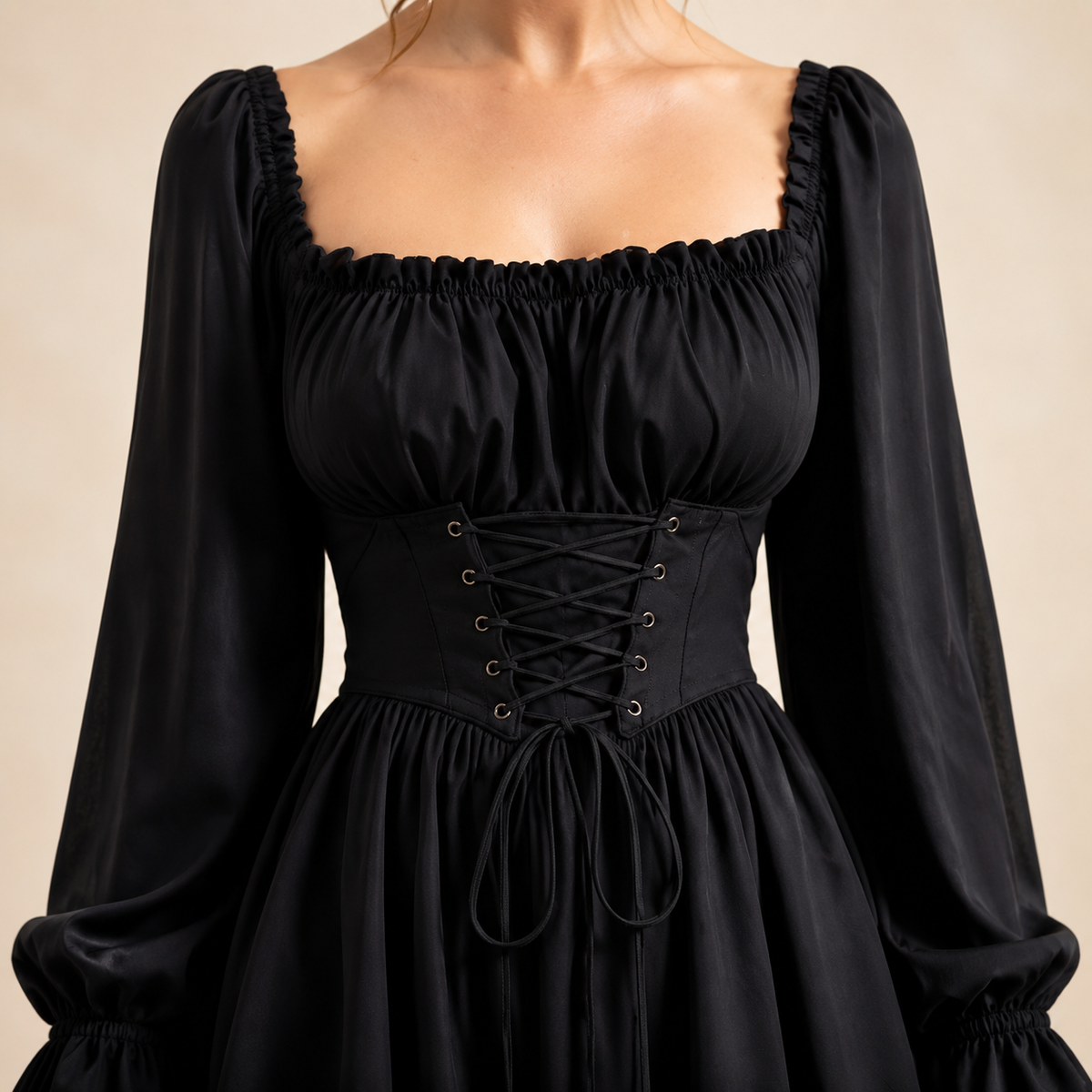 Square Neck Long Sleeve Corset Lace Up Skater Mini Dress 2