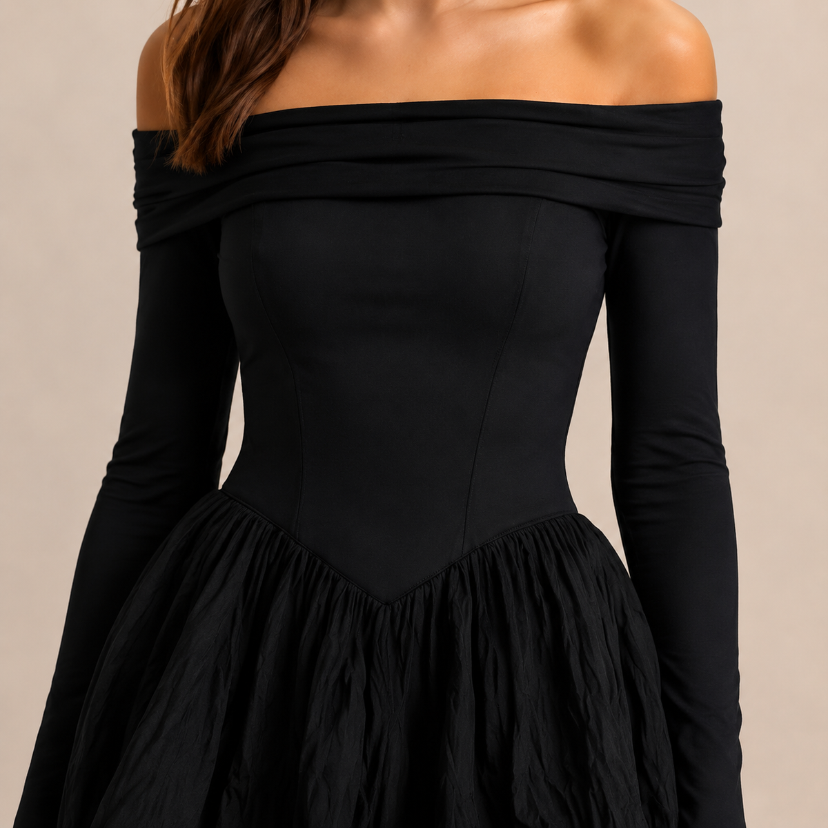 Off Shoulder Long Sleeve Puff Bubble Hem Mini Dress 2