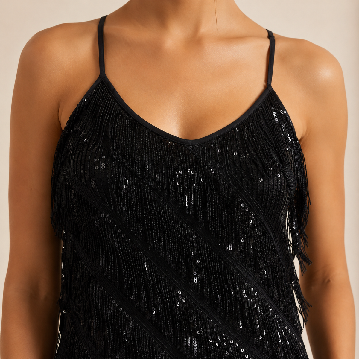 V-Neck Strappy Sequin Tassel Fringe Bodycon Mini Dress 2