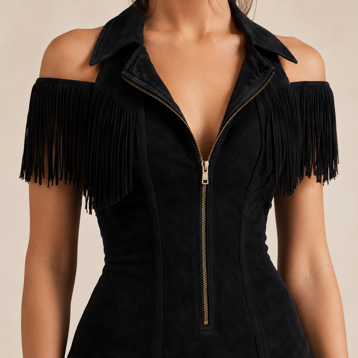 Suede Cold Shoulder Zip Front Fringe Mini Dress 2