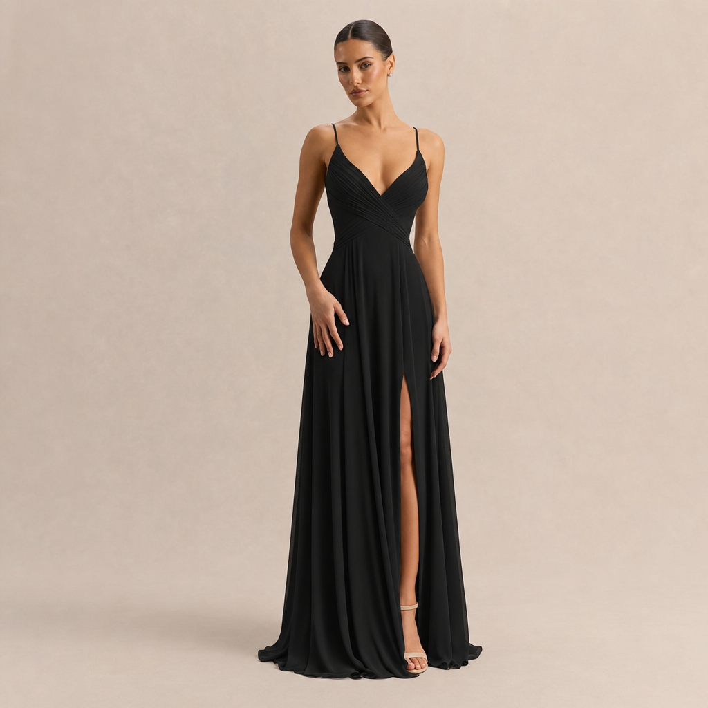 V-Neck Pleated High Split Chiffon Maxi Dress