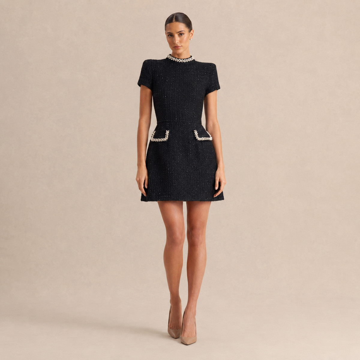High Neck Short Sleeve Pearl Trim Tweed Mini Dress