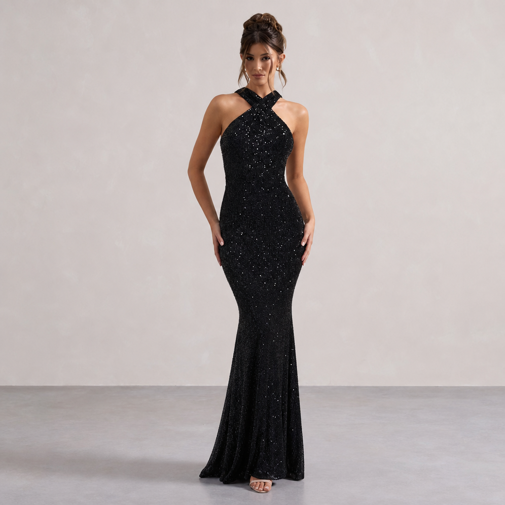 Sequin Cross Halter Neck Mermaid Maxi Gown