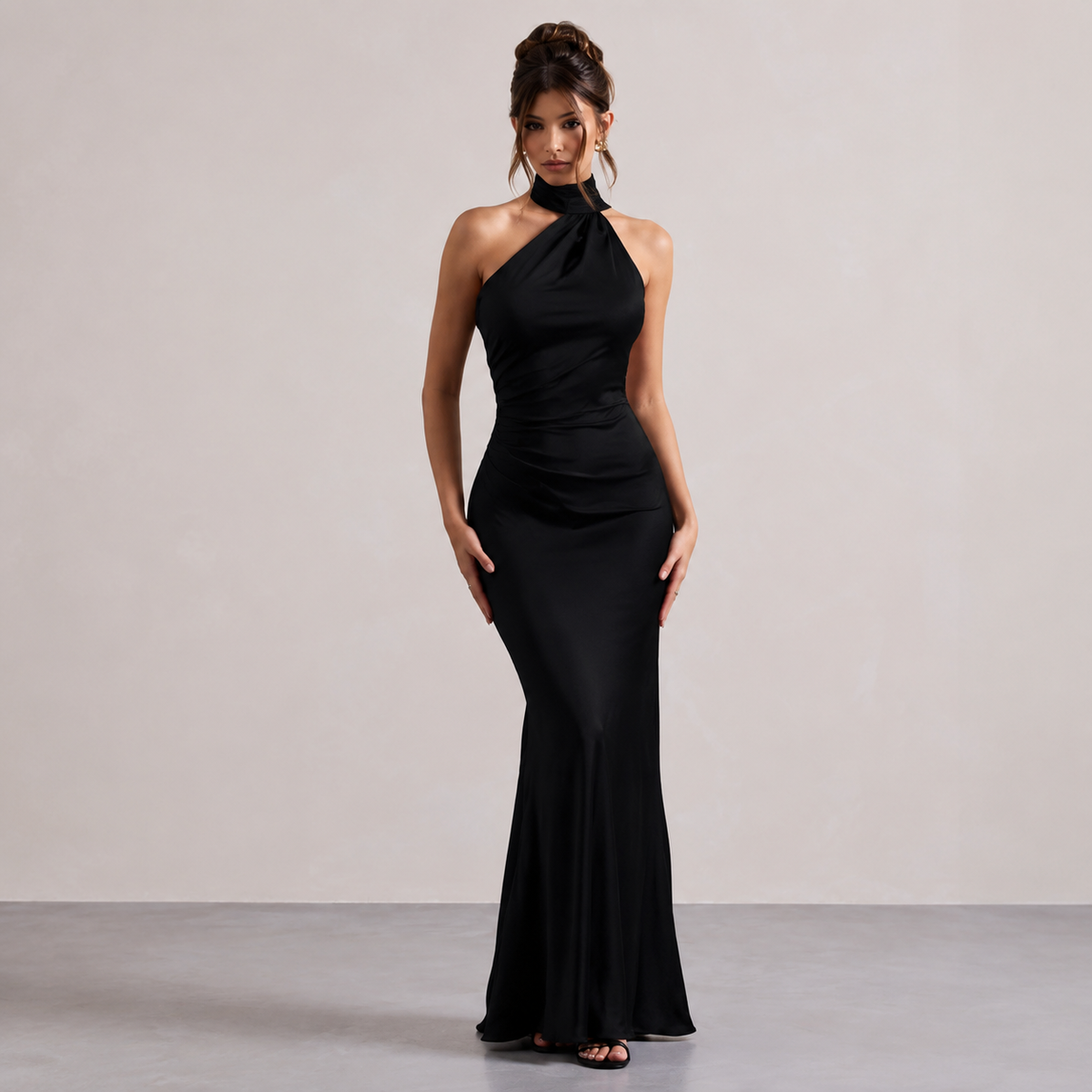 Asymmetric Halter Neck Ruched Mermaid Maxi Dress