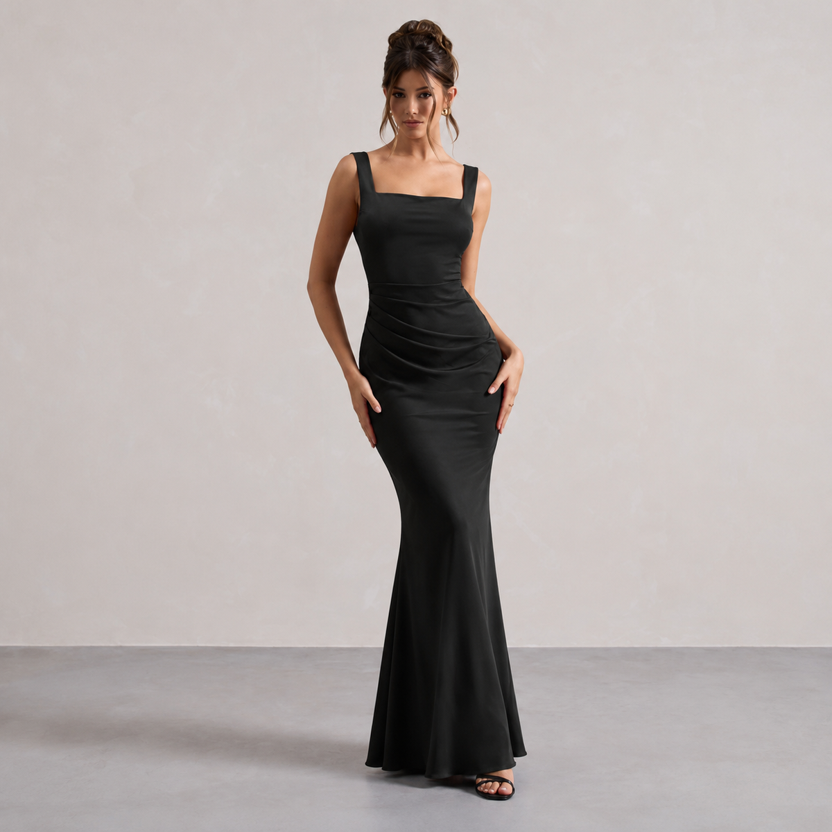 Square Neck Ruched Satin Fishtail Maxi Dress