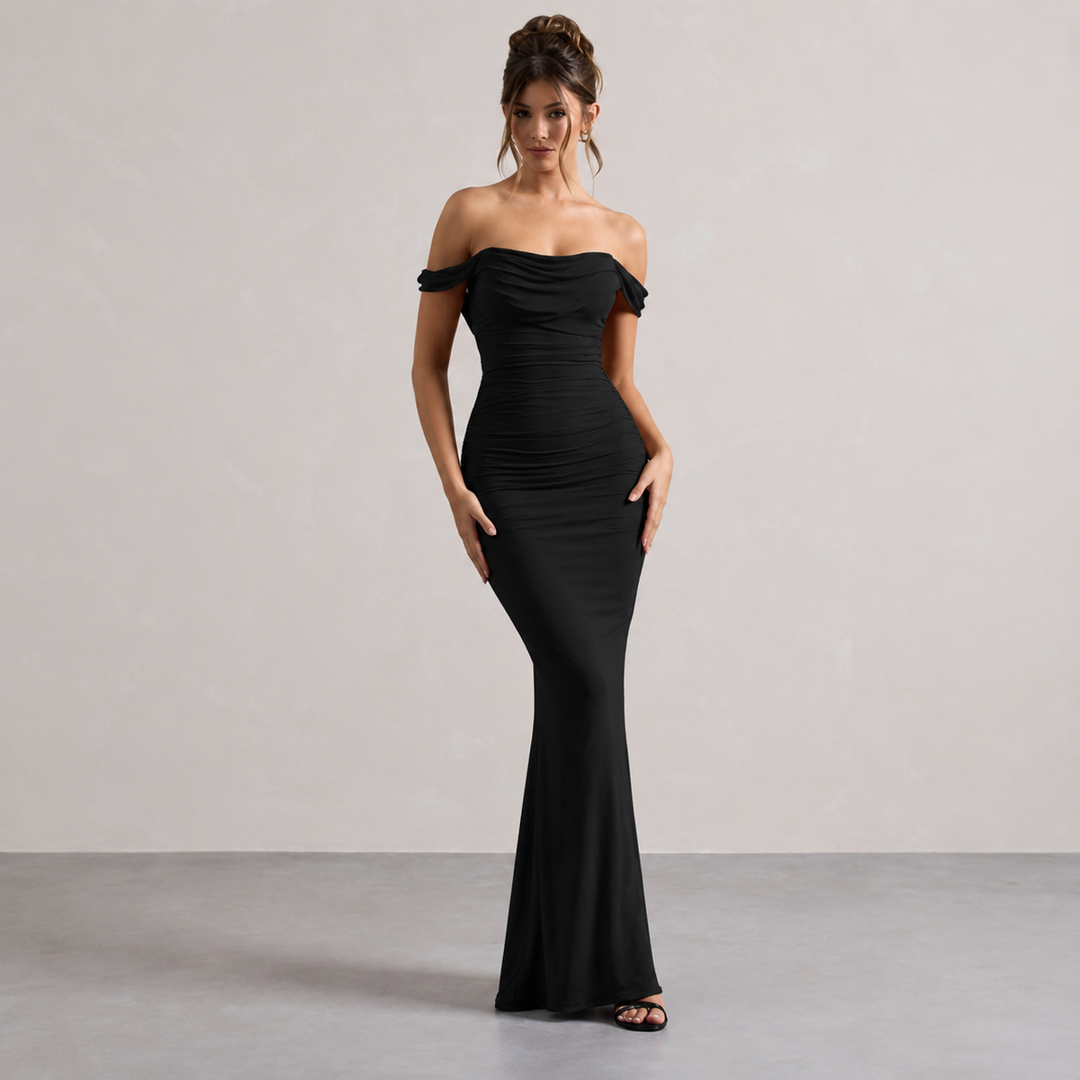 Off Shoulder Ruched Fishtail Maxi Gown