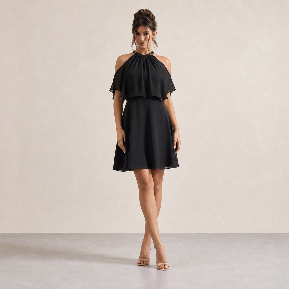 Halter Neck Cold Shoulder Ruffle A-Line Mini Dress
