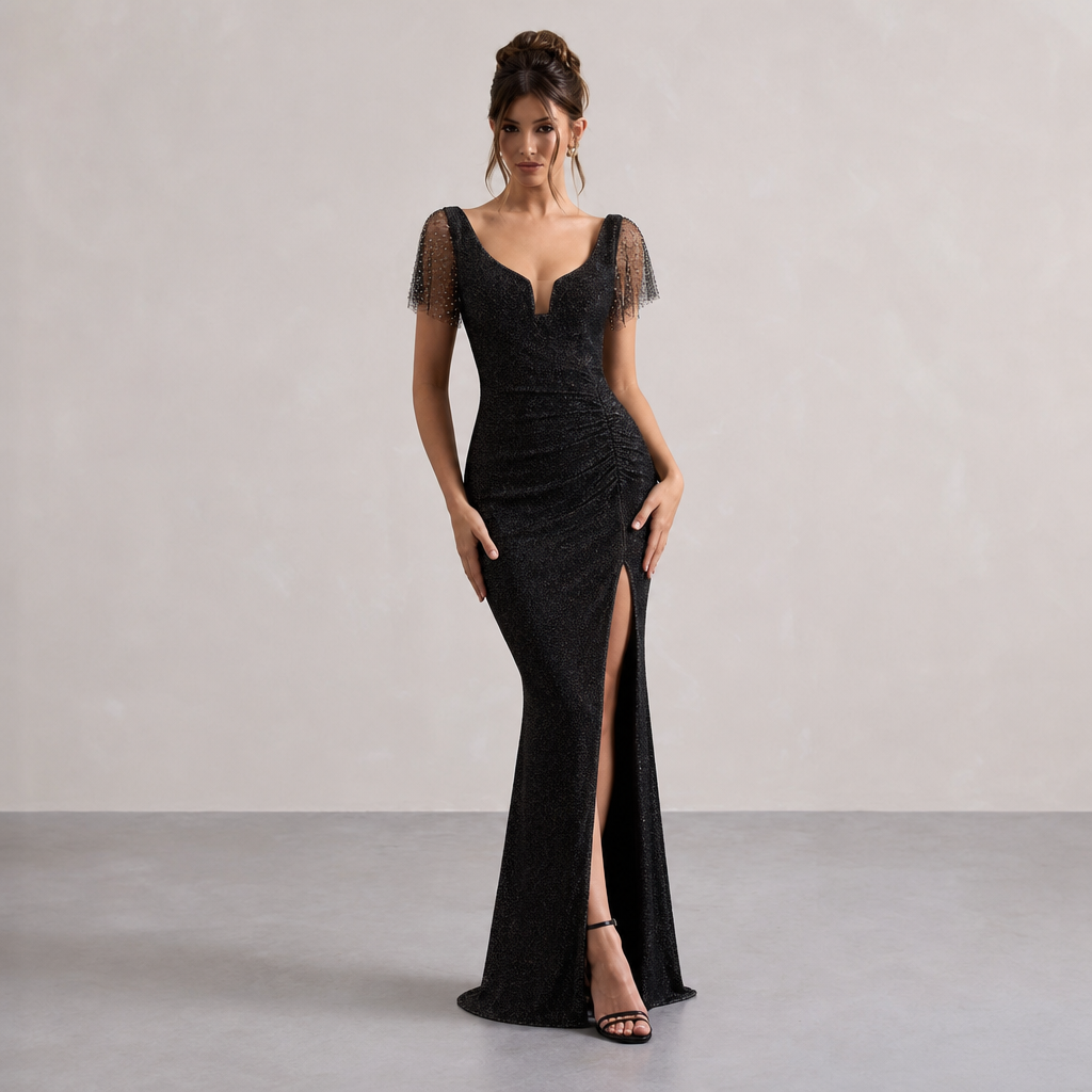 Sweetheart Flutter Sleeve Ruched High Split Glitter Maxi Gown