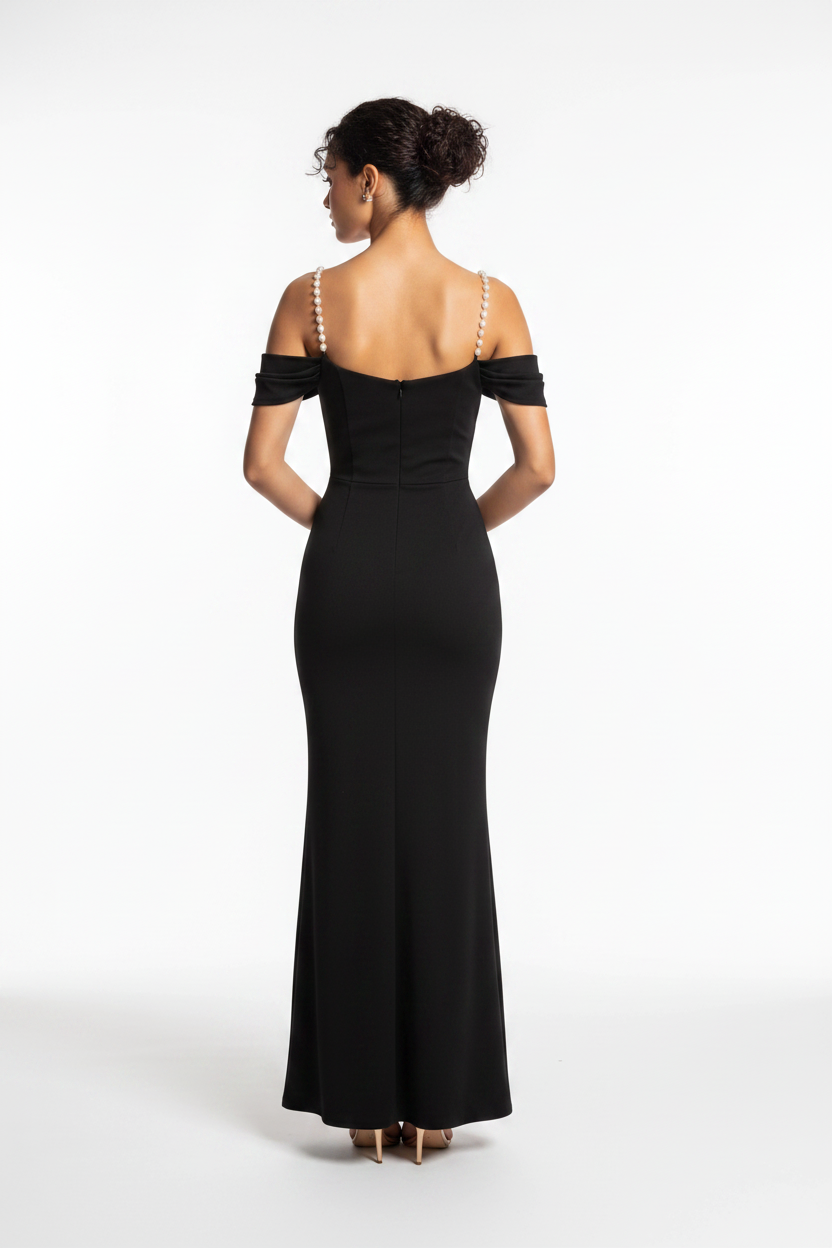 Cowl Neck Off Shoulder Pearl Strap High Split Bodycon Maxi Dress - View 10