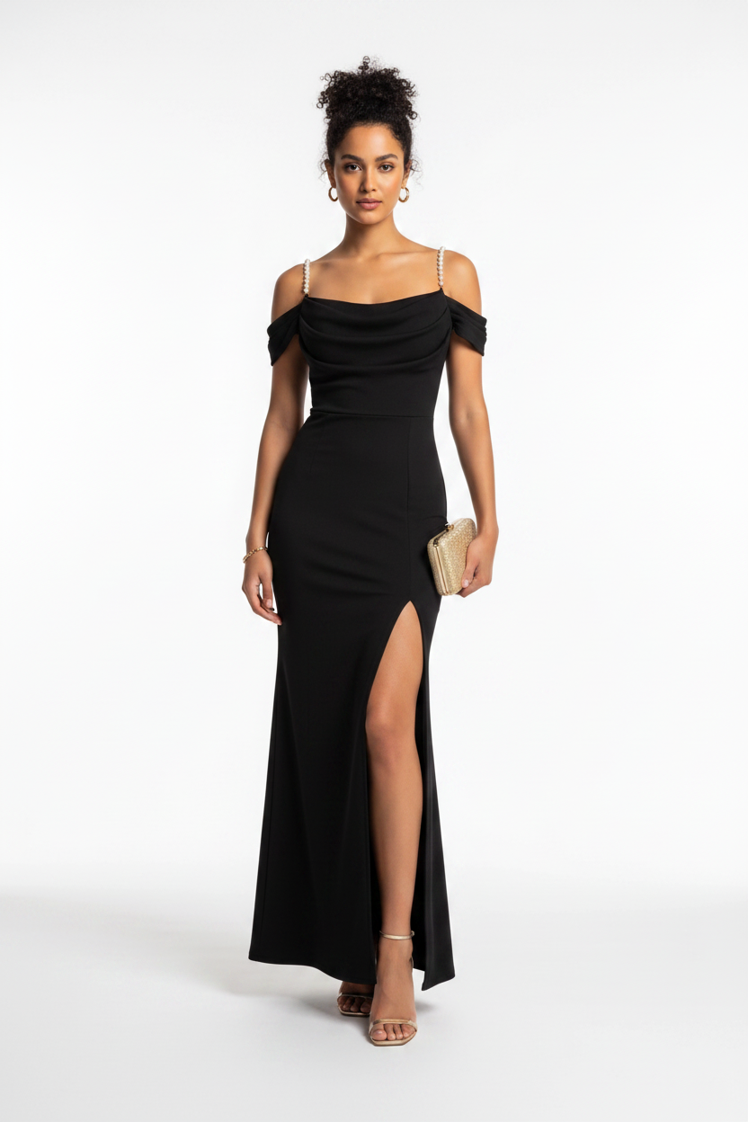 Cowl Neck Off Shoulder Pearl Strap High Split Bodycon Maxi Dress - View 6