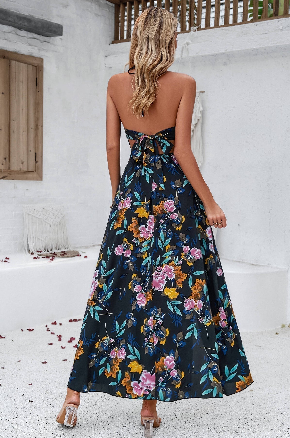 Halter Neck V-Neck Smocked Floral High Split Maxi Dress - View 2