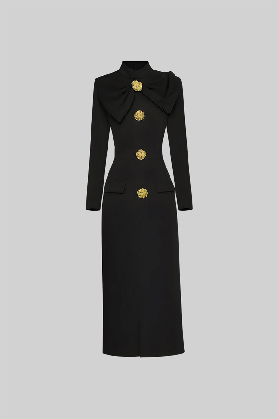 Bow Collar Mock Neck Long Sleeve Jewel Button Bodycon Midi Dress - View 2