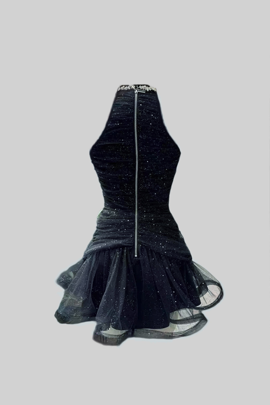 Halter Neck Rhinestone Trim Ruched Glitter Ruffle Hem Mini Dress - View 9