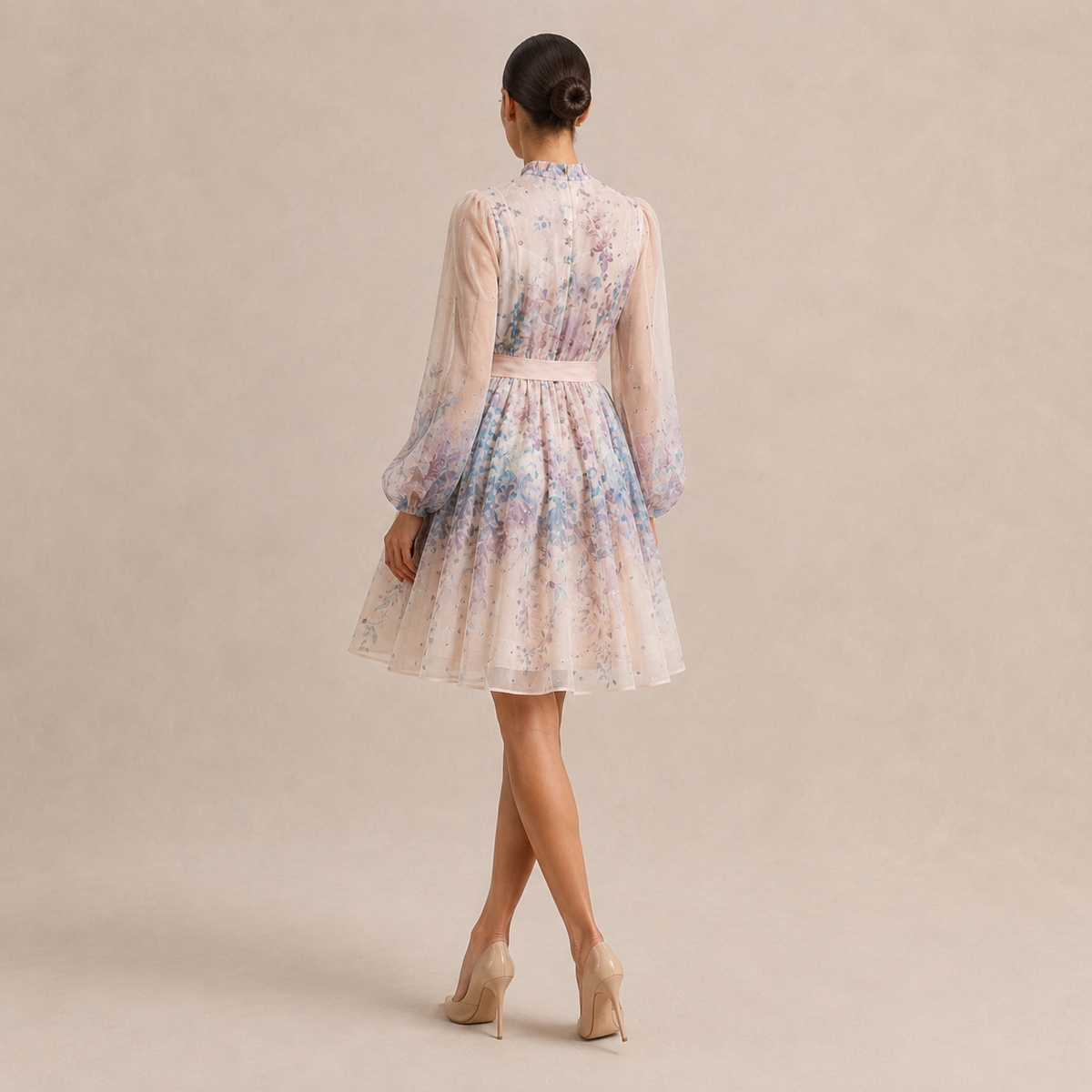 Floral High Neck Long Sleeve Belted Sheer Mini Dress 3