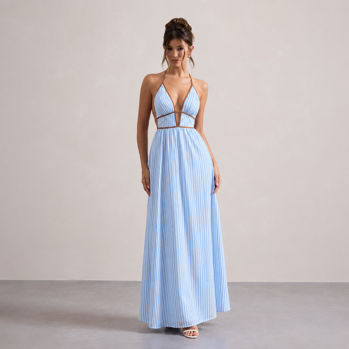 Striped Halter Deep V-Neck Cut Out Maxi Dress