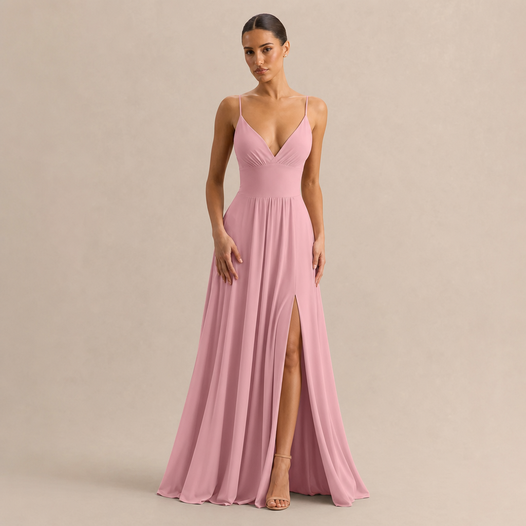V-Neck Pleated High Split Chiffon Maxi Dress 7