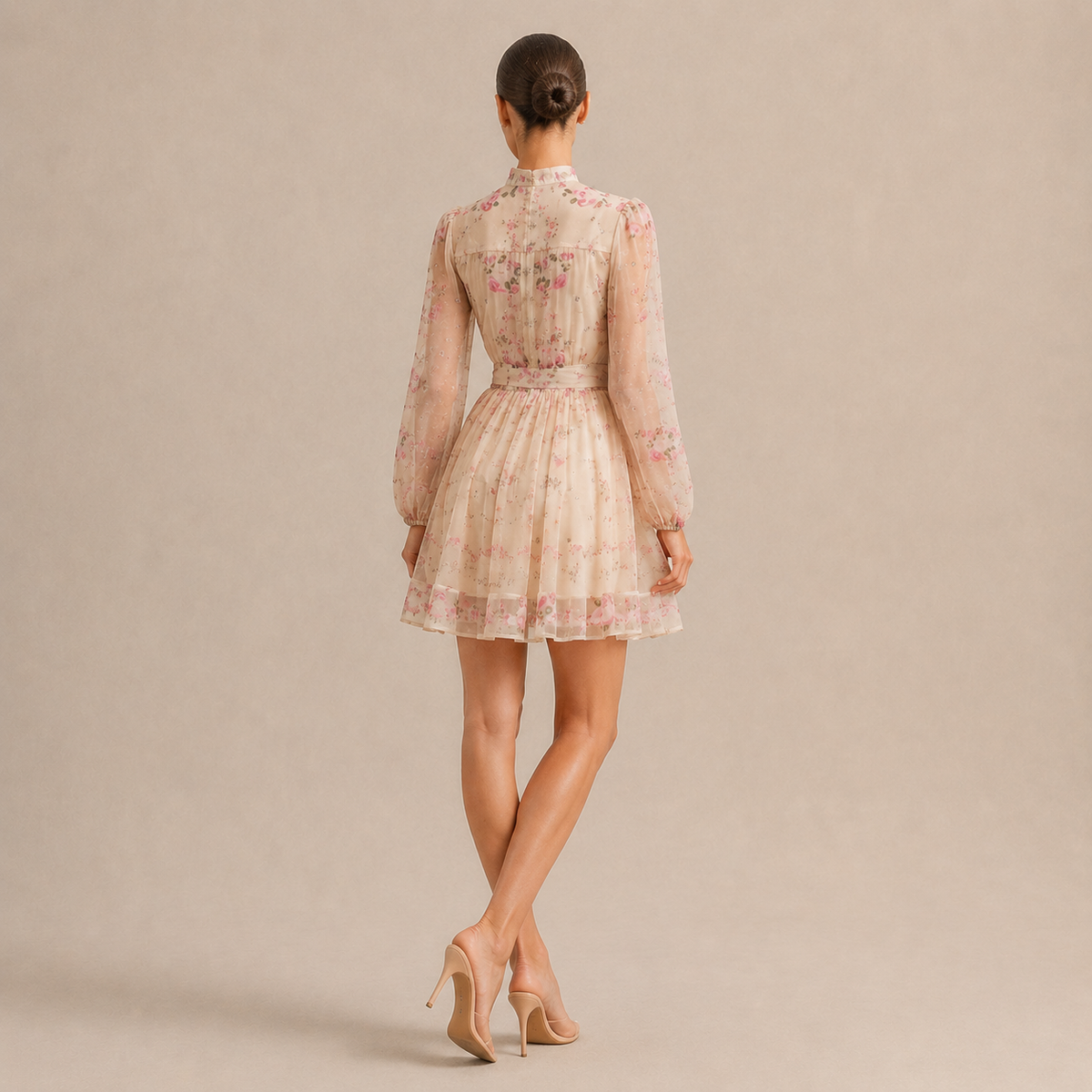 Floral High Neck Long Sleeve Belted Sheer Mini Dress 18