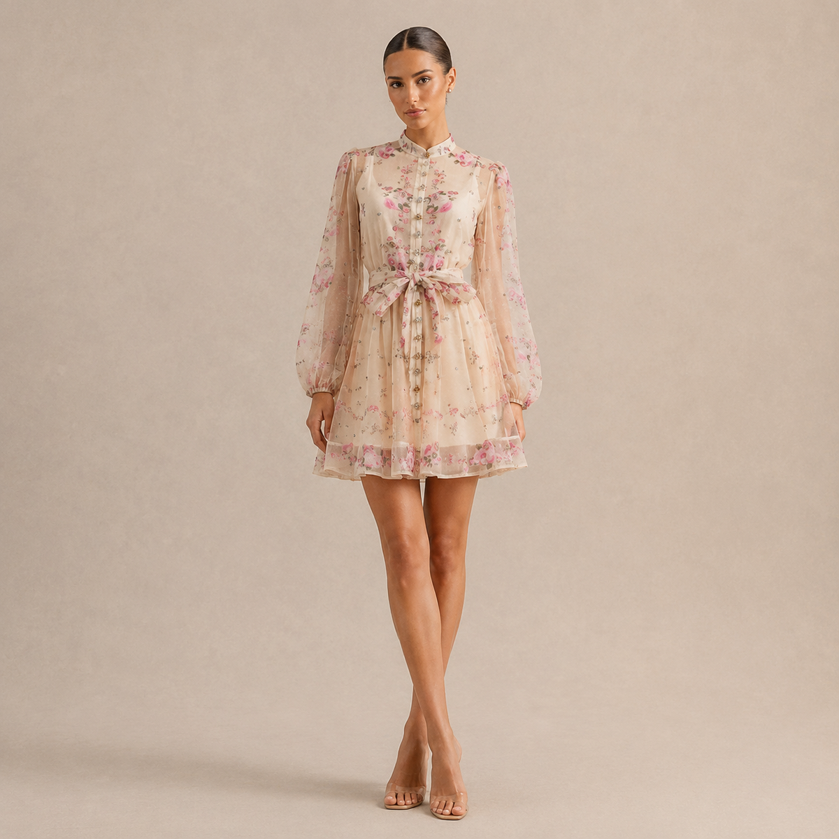 Floral High Neck Long Sleeve Belted Sheer Mini Dress 16
