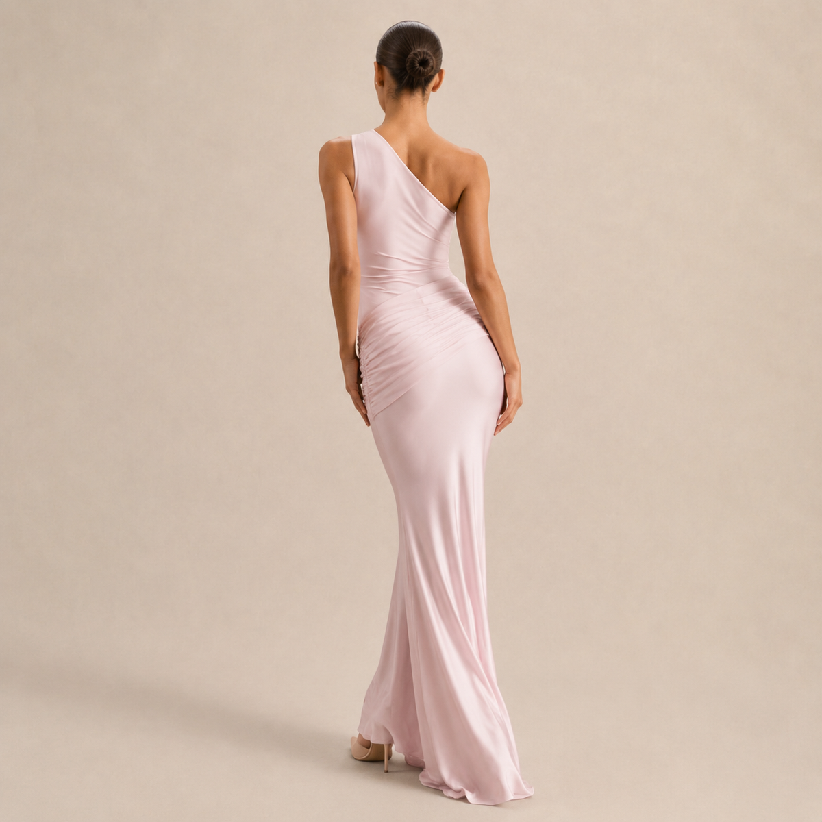 One Shoulder Ruched Satin Fishtail Maxi Gown 18