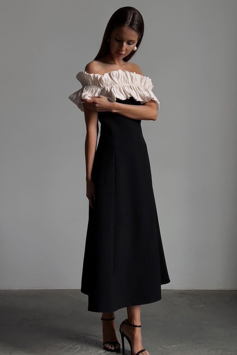 Off Shoulder Pleated Ruffle Neck Column Maxi Cocktail Dress - View 7