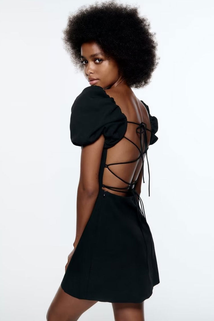 Breezy Ruched Square Neck Puff Sleeve Party Mini Dress - Black