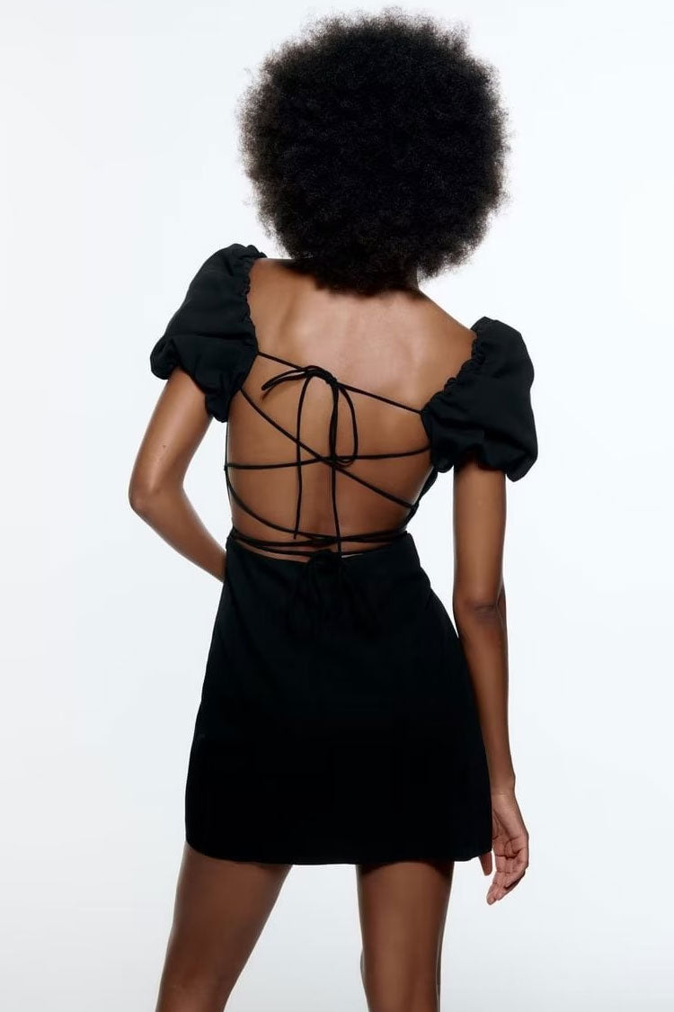 Breezy Ruched Square Neck Puff Sleeve Party Mini Dress - Black - View 2