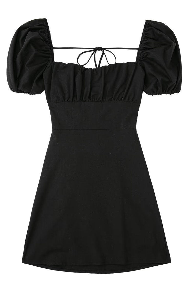 Breezy Ruched Square Neck Puff Sleeve Party Mini Dress - Black - View 5