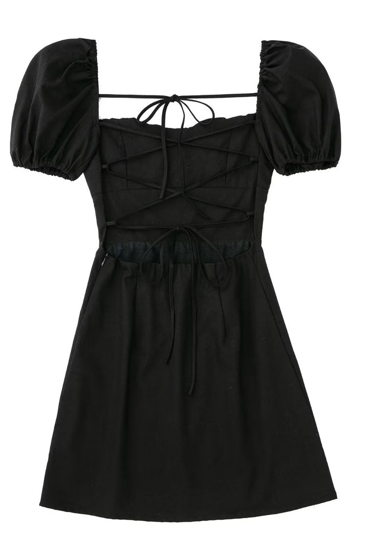 Breezy Ruched Square Neck Puff Sleeve Party Mini Dress - Black - View 6