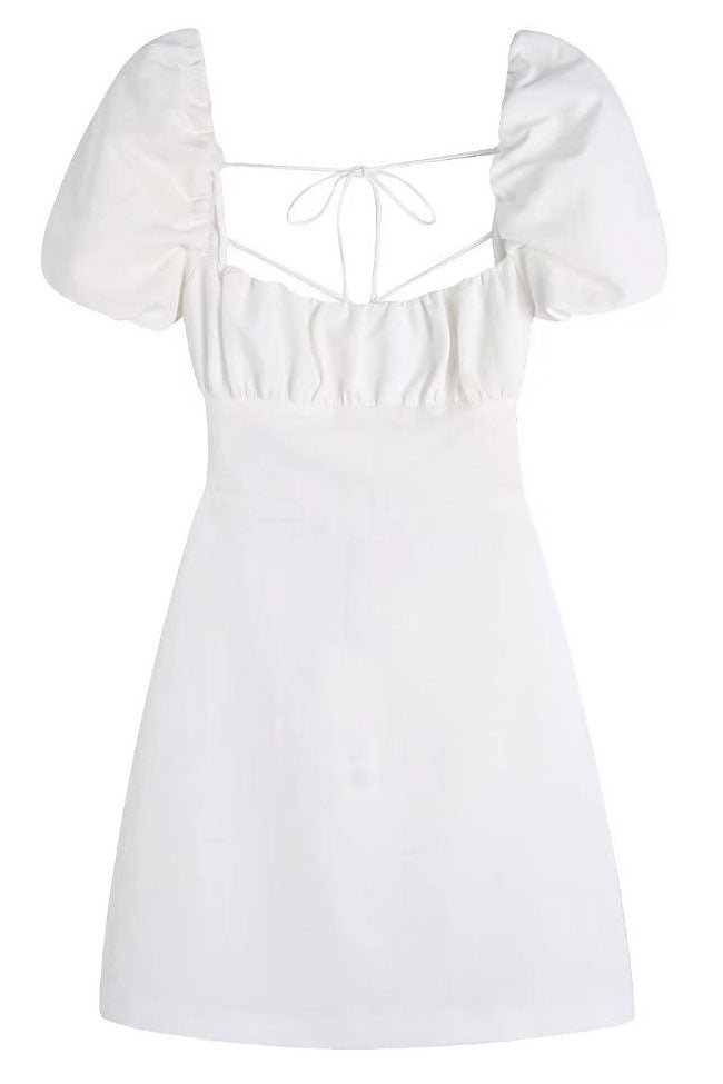 Breezy Ruched Square Neck Puff Sleeve Party Mini Dress - White - View 4