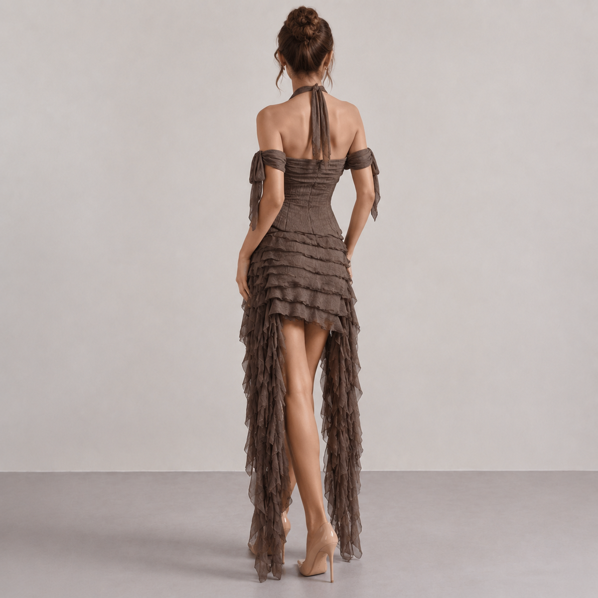 Halter Neck Off Shoulder Corset Ruffle High Low Maxi Dress 12
