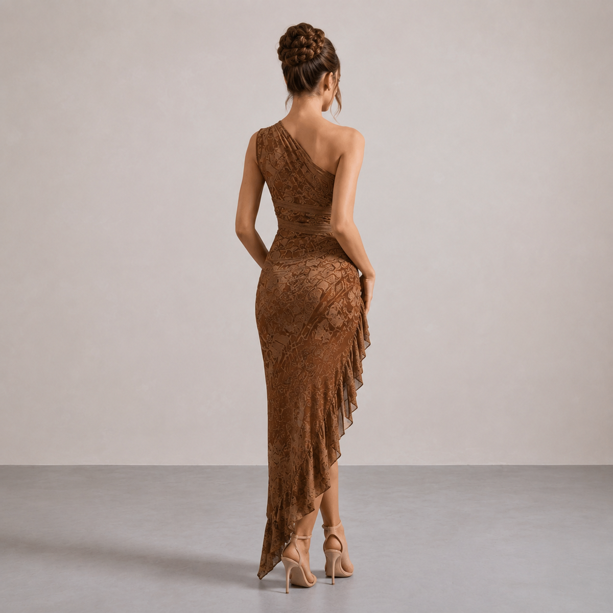 One Shoulder Floral Burnout Ruffle High Split Maxi Dress 12