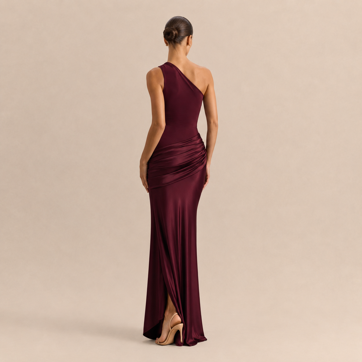 One Shoulder Ruched Satin Fishtail Maxi Gown 15