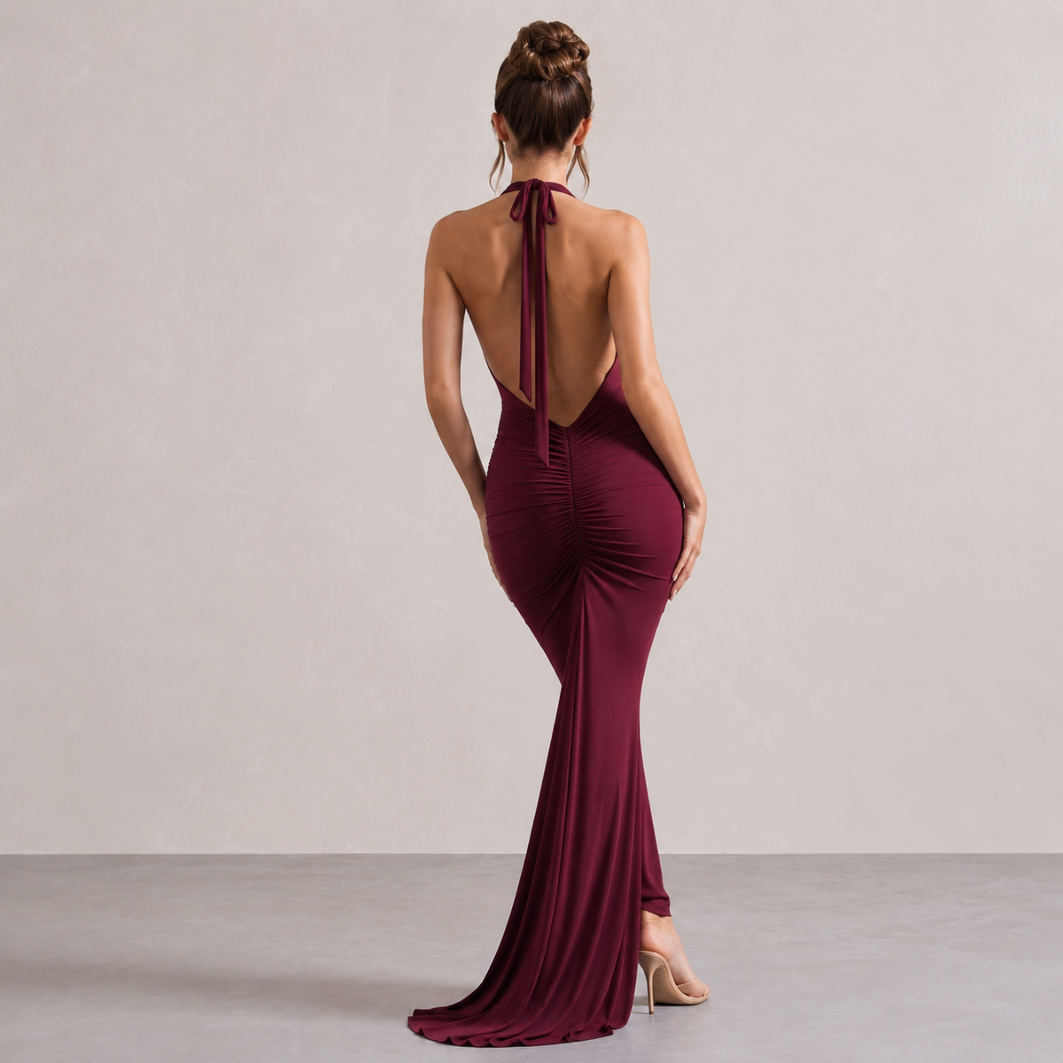 Plunge Halter Neck Ruched Draped Mermaid Maxi Gown 11