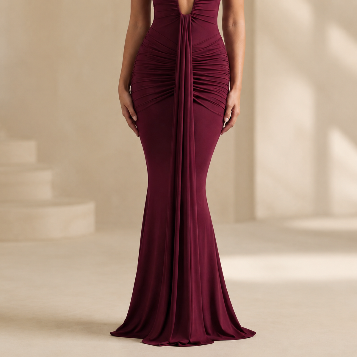 Plunge Halter Neck Ruched Draped Mermaid Maxi Gown 10