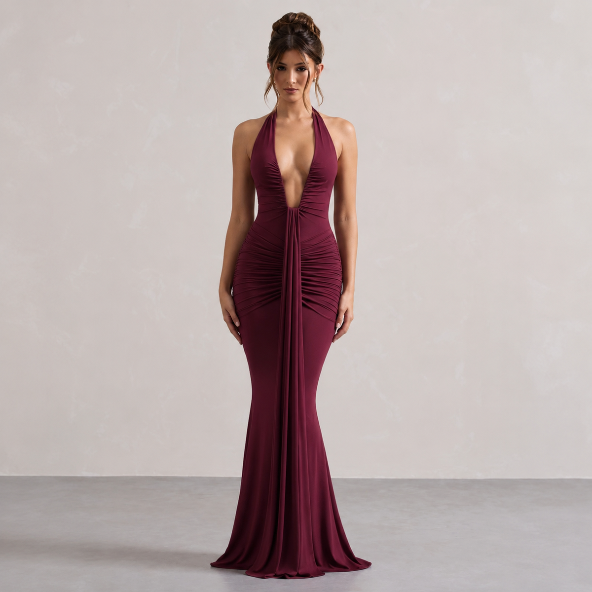 Plunge Halter Neck Ruched Draped Mermaid Maxi Gown 9