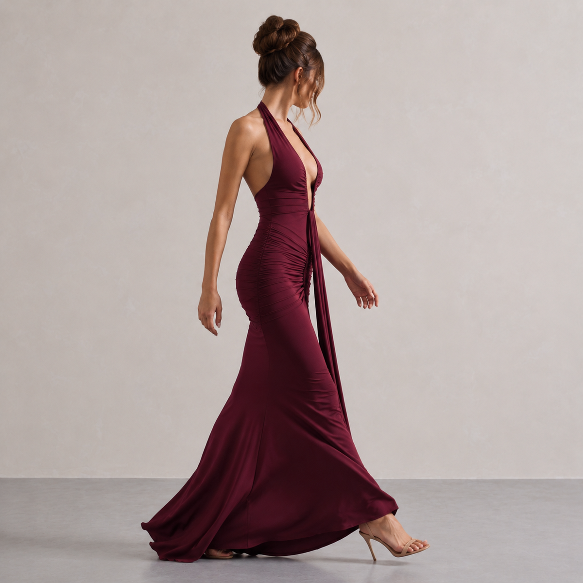 Plunge Halter Neck Ruched Draped Mermaid Maxi Gown 12