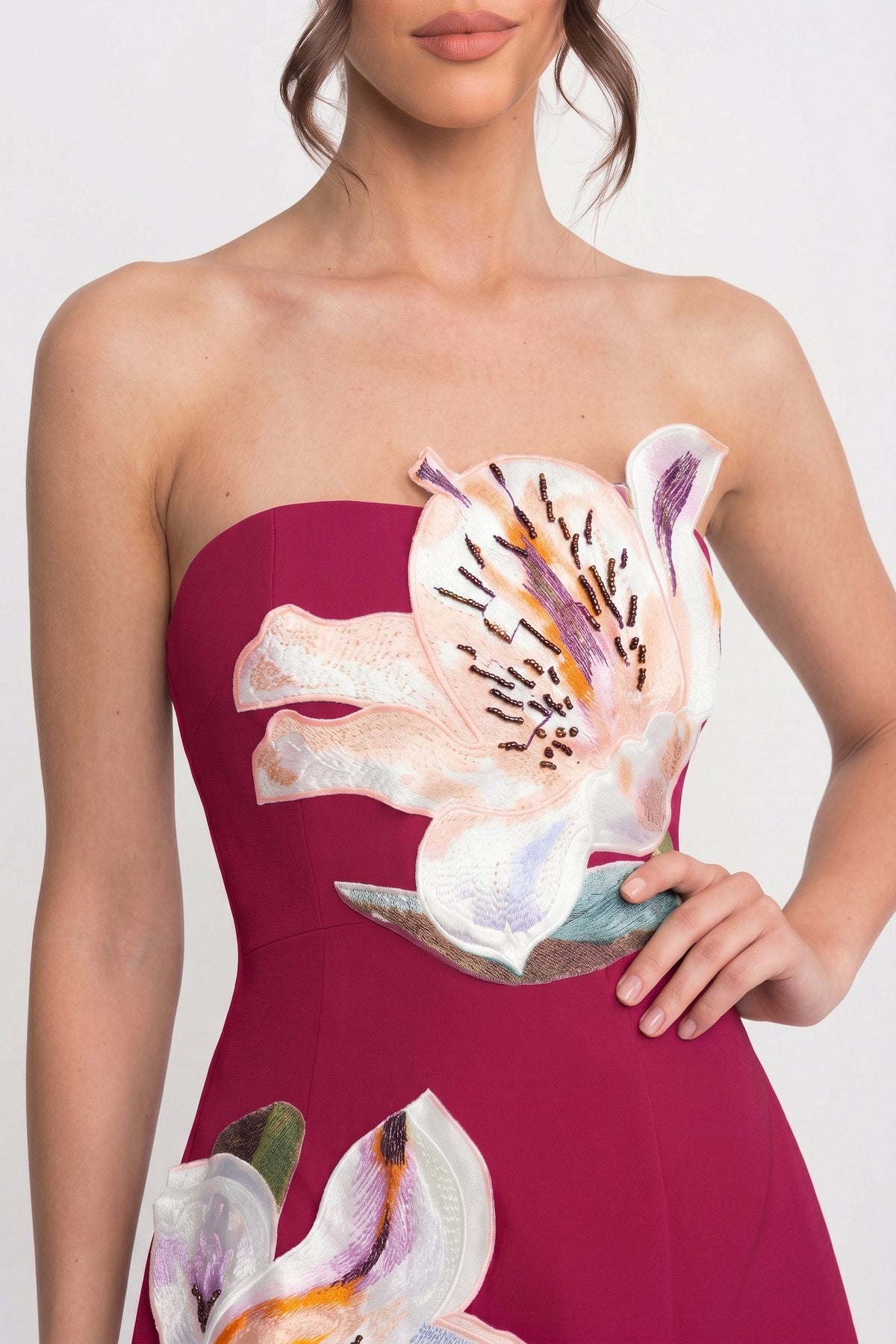 Strapless Floral-Print Mini Dress With Structured Bodice - Red - View 5
